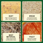 Foods you can put in the WildYard Bird Suet Feeder, including suet cakes, nesting material and fruit