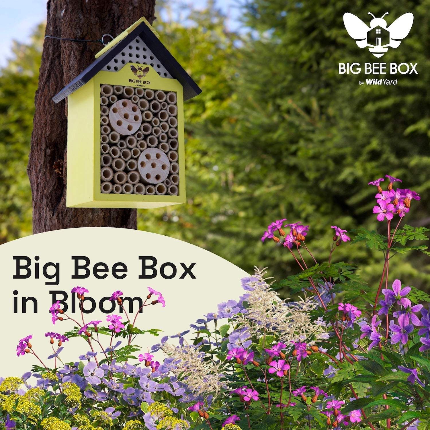 Bee house mounted in blooming garden – Big Bee Box in outdoor use