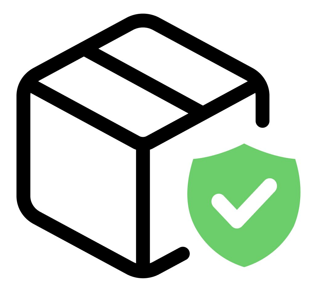 Package with green shield symbol representing shipping protection.