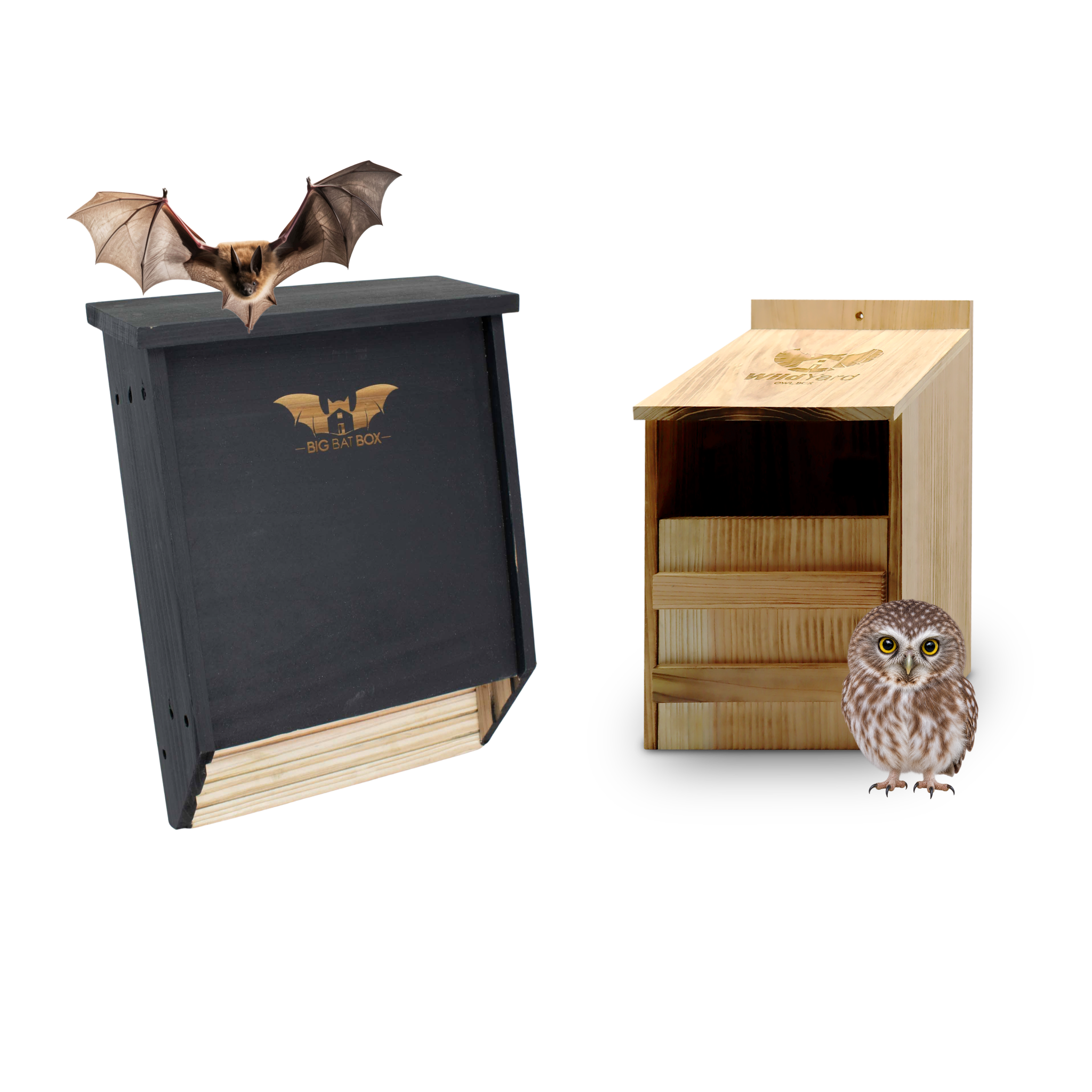 Black two-chamber bat house and WildYard Owl Box bundle
