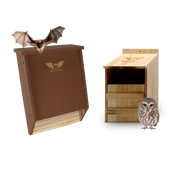 Brown two-chamber bat house and WildYard Owl Box bundle