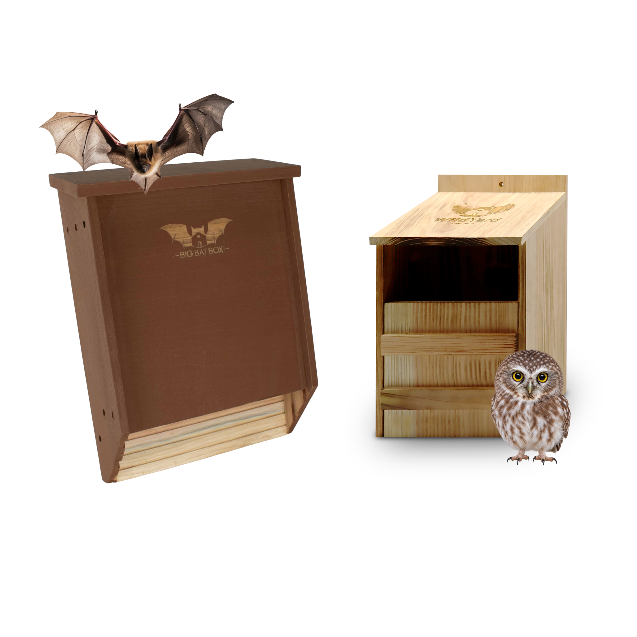 Brown two-chamber bat house and WildYard Owl Box bundle