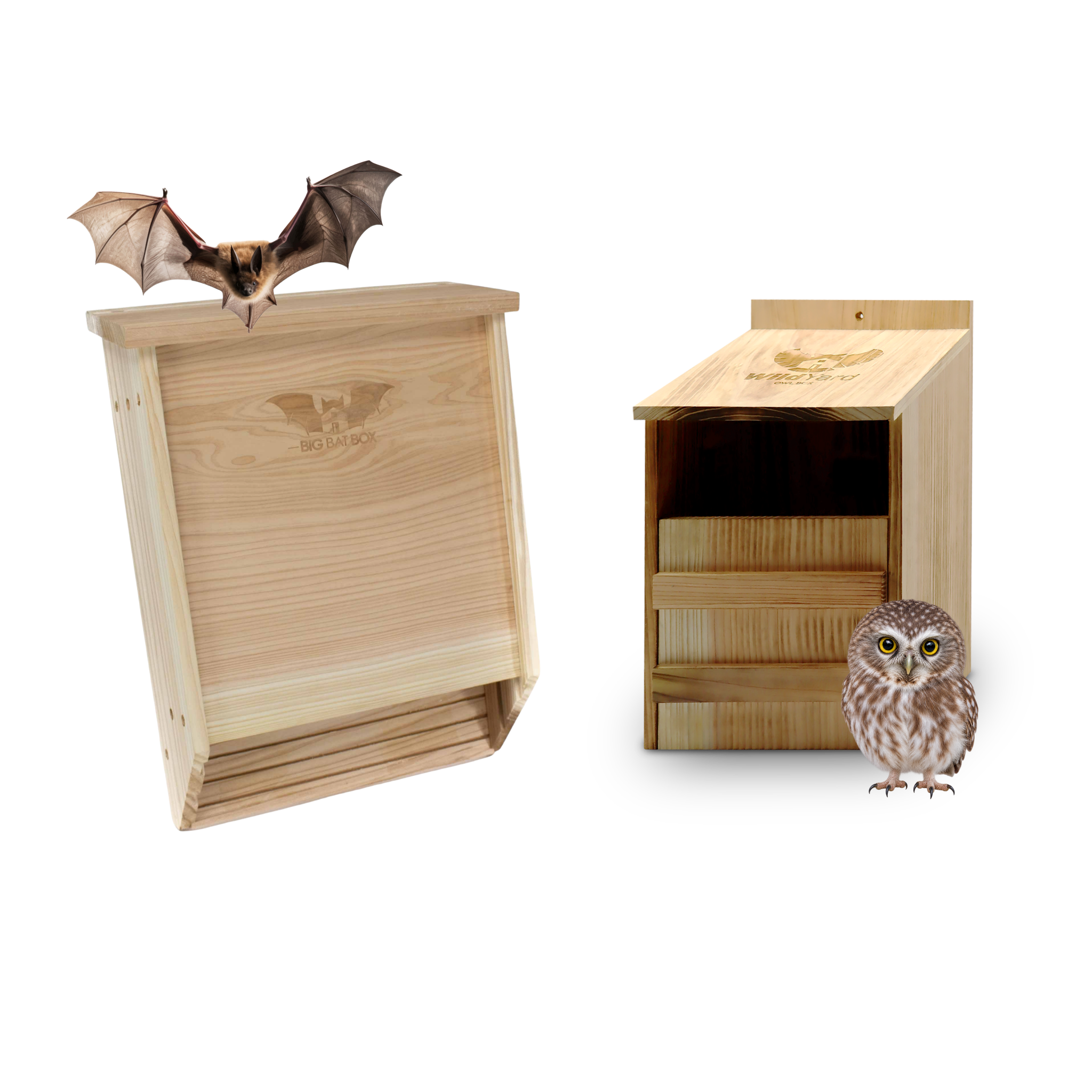 Natural cedar two-chamber bat house and WildYard Owl Box bundle