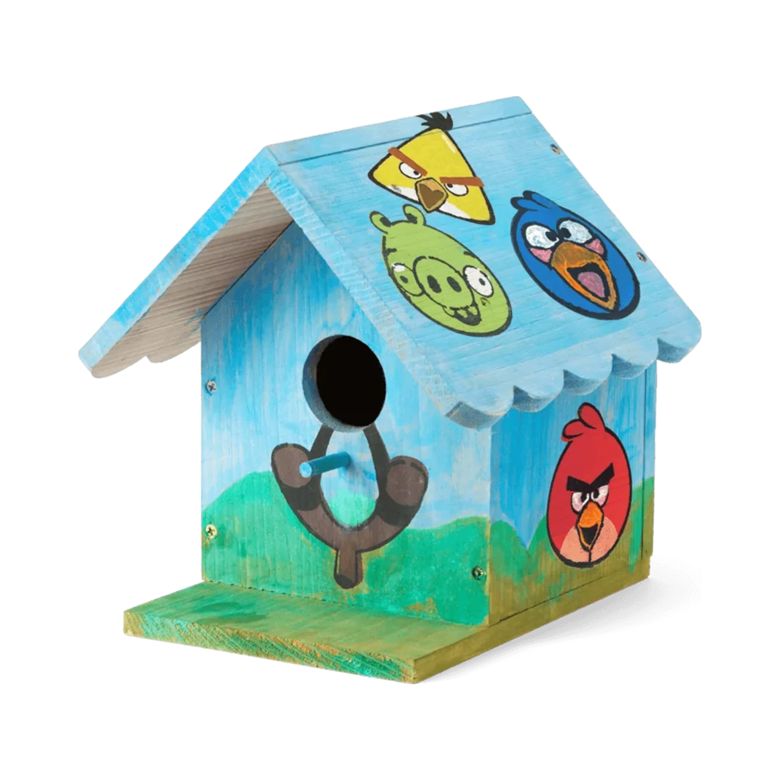 WildYard X Angry Birds™ DIY Birdhouse Kit fully painted with Red, Chuck, Blue Bird and Pig characters on a natural cedar birdhouse — NEW product, fun family craft kit