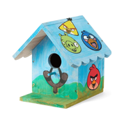 WildYard X Angry Birds™ DIY Birdhouse Kit fully painted with Red, Chuck, Blue Bird and Pig characters on a natural cedar birdhouse — NEW product, fun family craft kit