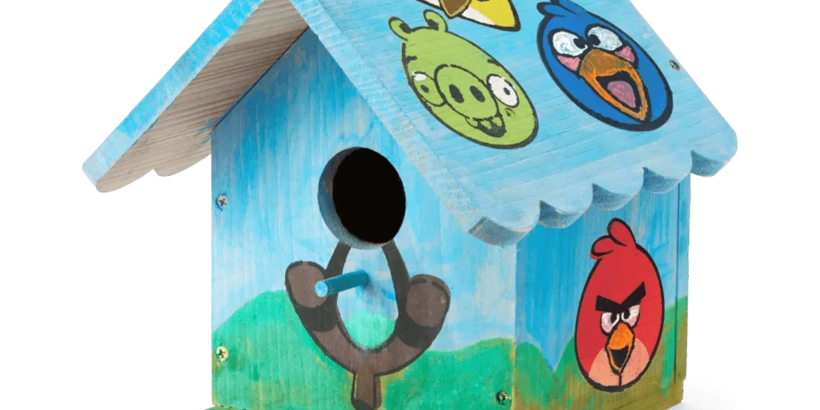 WildYard X Angry Birds™ DIY Birdhouse Kit fully painted with Red, Chuck, Blue Bird and Pig characters on a natural cedar birdhouse — NEW product, fun family craft kit
