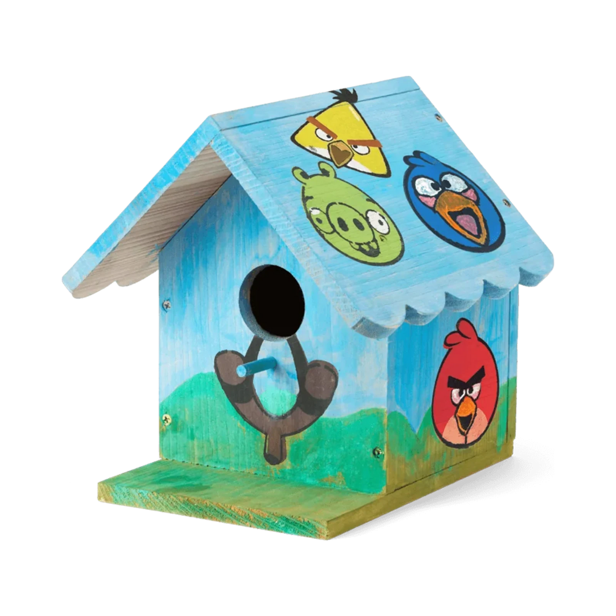 WildYard X Angry Birds™ DIY Birdhouse Kit fully painted with Red, Chuck, Blue Bird and Pig characters on a natural cedar birdhouse — NEW product, fun family craft kit