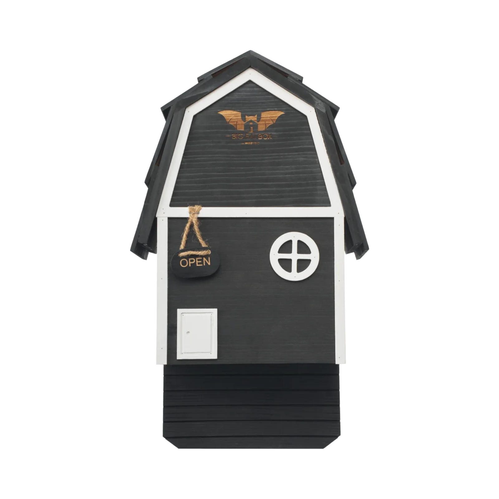 Black two-chamber cedar Bat Barn Junior pre-assembled with wall mounting hardware and rustic barn design