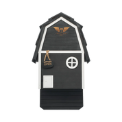 Black two-chamber cedar Bat Barn Junior pre-assembled with wall mounting hardware and rustic barn design