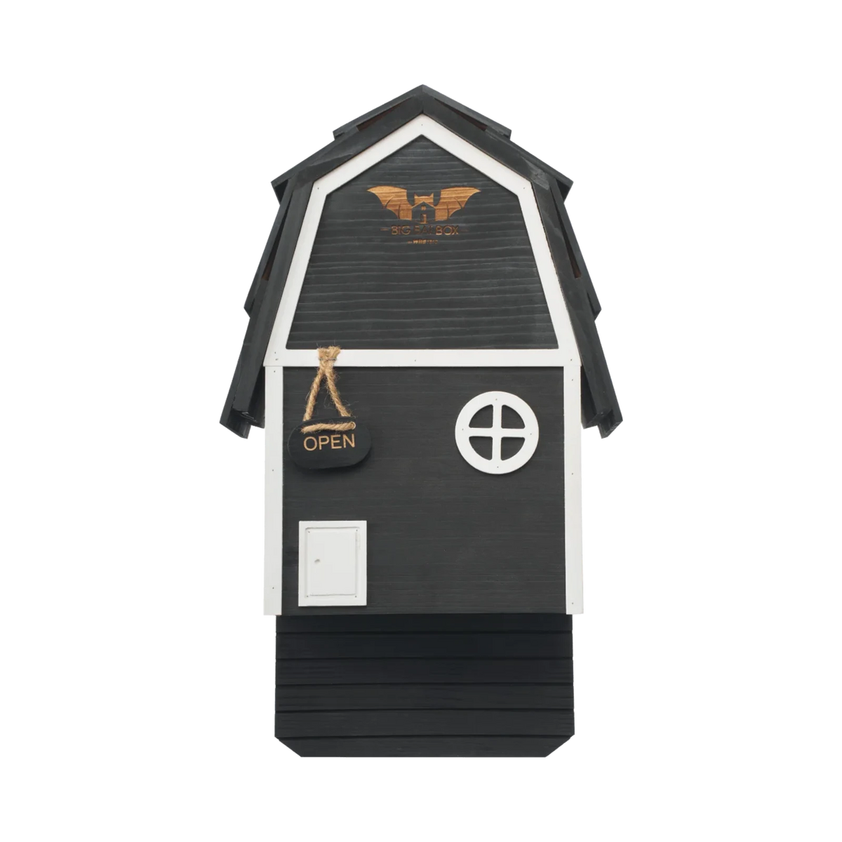 Black two-chamber cedar Bat Barn Junior pre-assembled with wall mounting hardware and rustic barn design