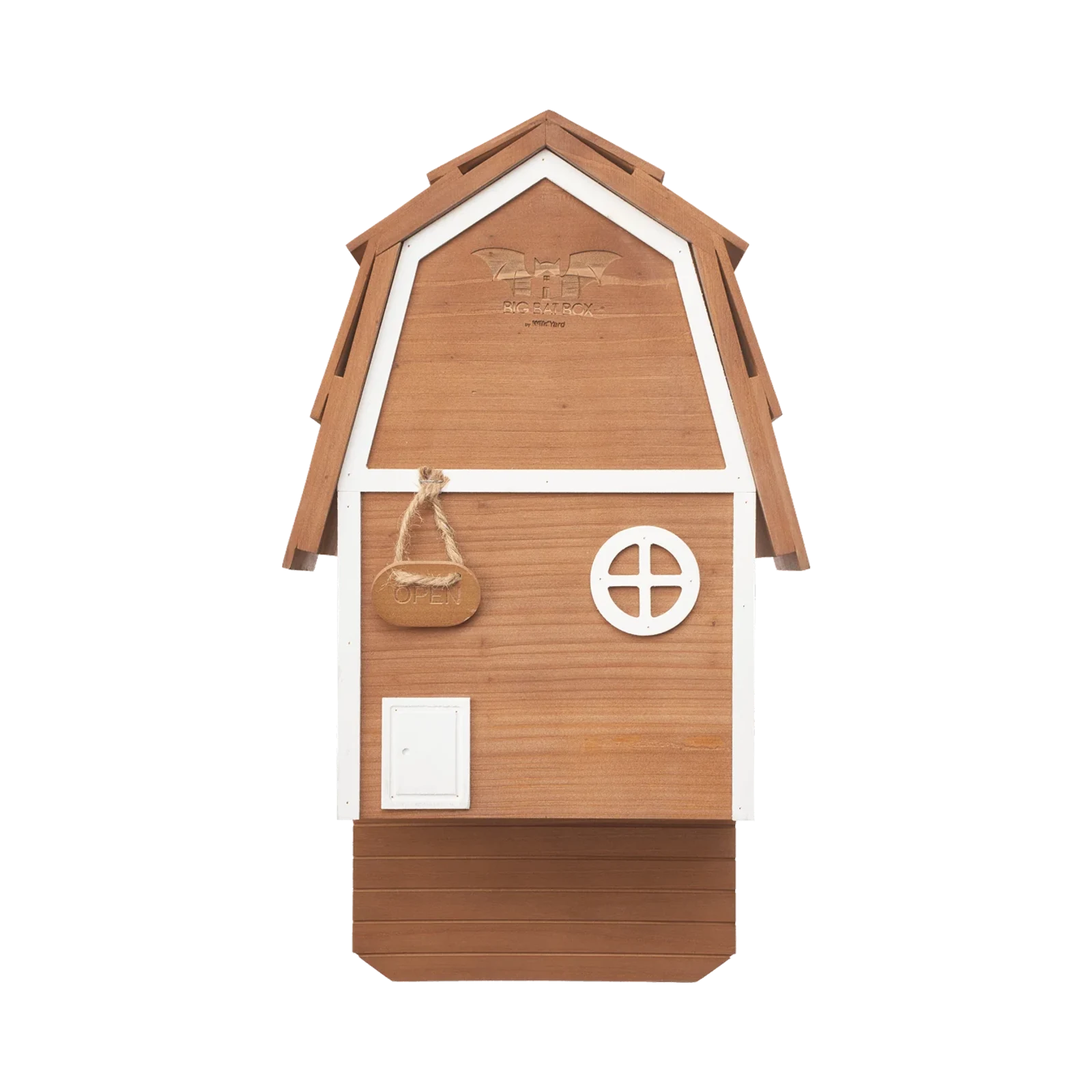 Brown two-chamber cedar Bat Barn Junior bat house features – weatherproof design, ventilated chambers, rustic barn style