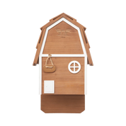 Brown two-chamber cedar Bat Barn Junior bat house features – weatherproof design, ventilated chambers, rustic barn style