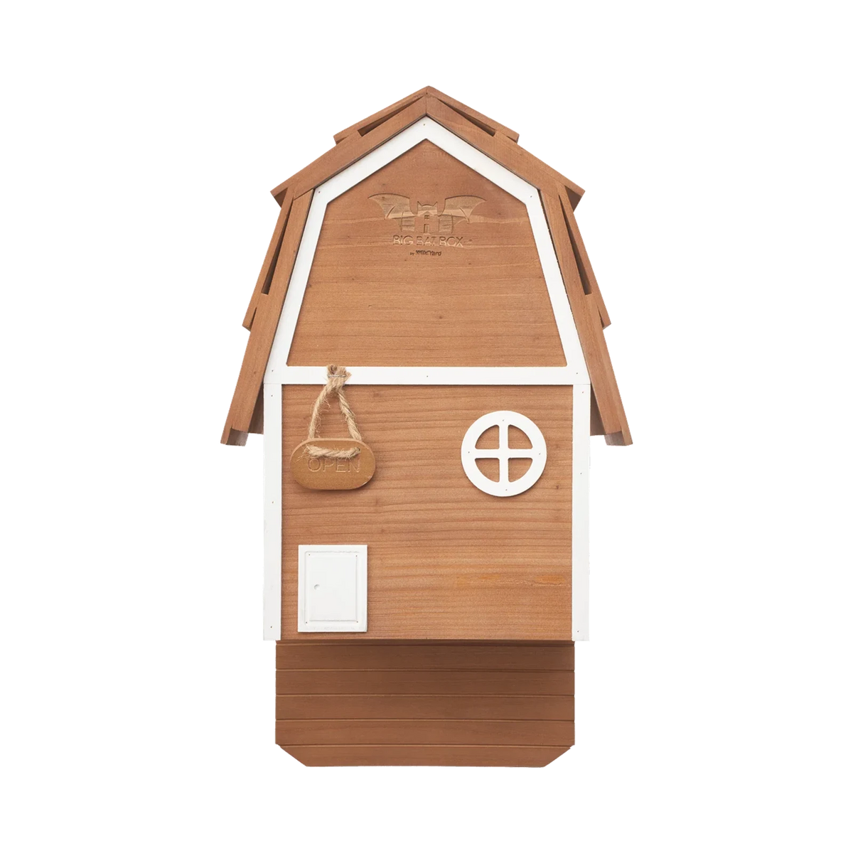 Brown two-chamber cedar Bat Barn Junior bat house features – weatherproof design, ventilated chambers, rustic barn style