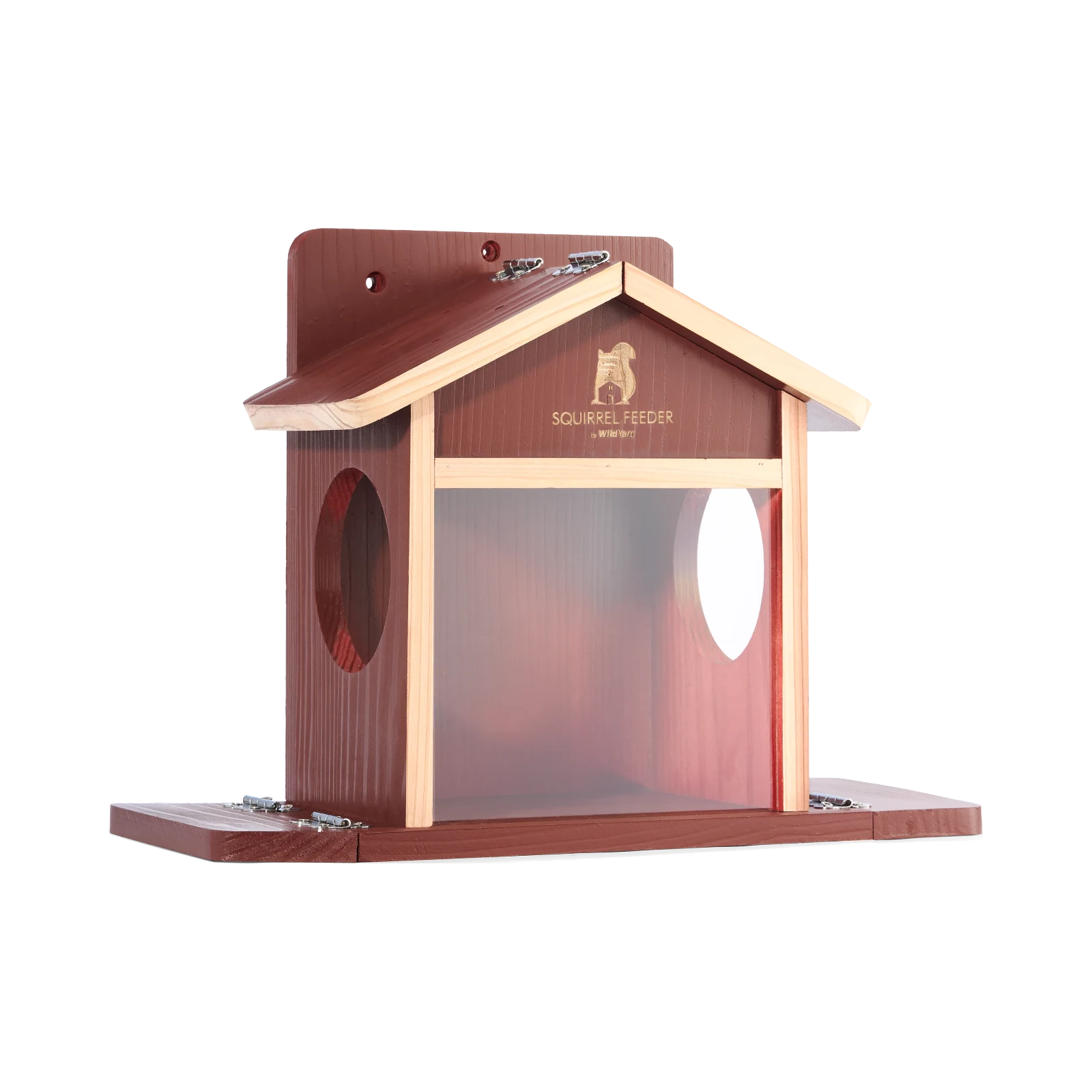 WildYard Squirrel Feeder in red-brown wood with clear front window and corn cob holders